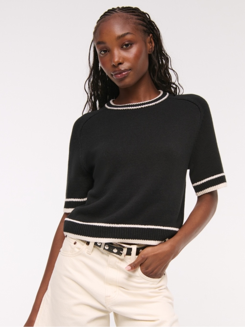 Abercrombie & Fitch Madeline Crew Sweater Tee Black White Trim